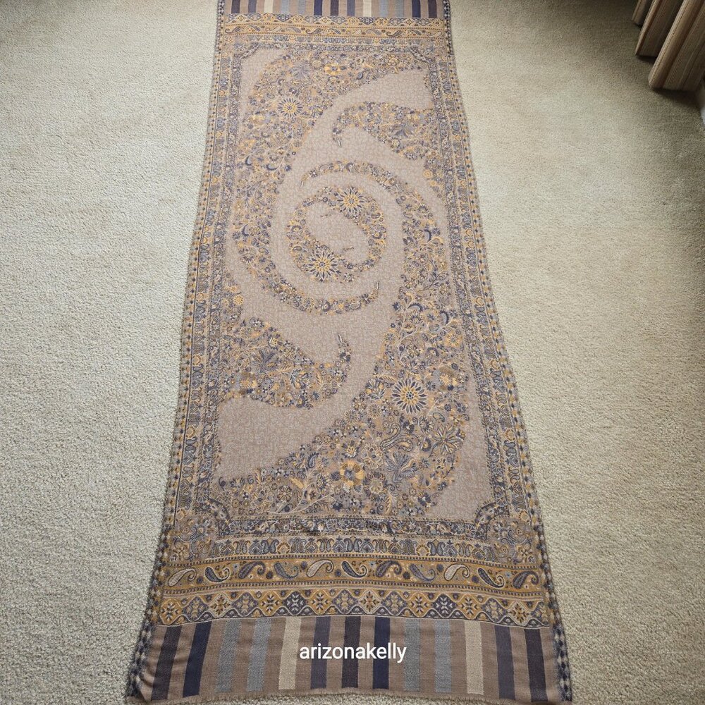 NWOT Cashmere Jacquard Lightweight Jamawar Shawl Scarf Yellow Blue - Picture 15 of 16